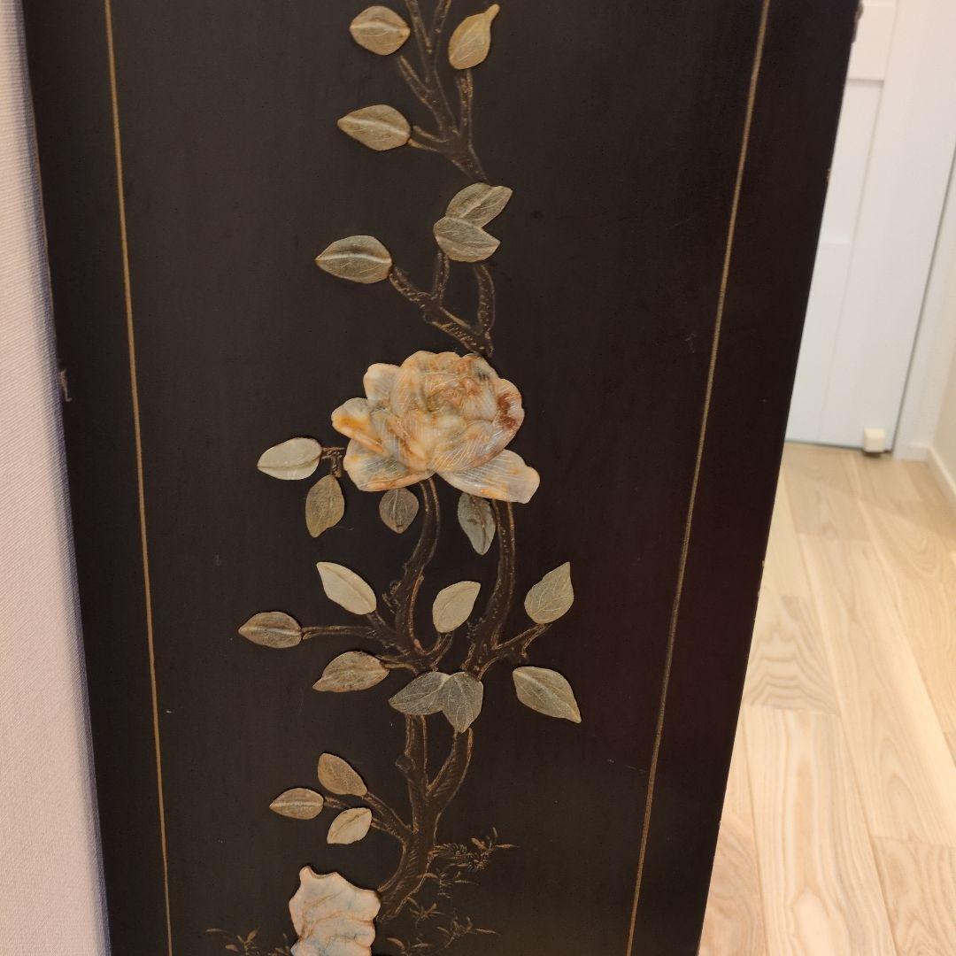 中国家具 キャビネット 花鳥細工 黒塗り 玉石 アンティーク調