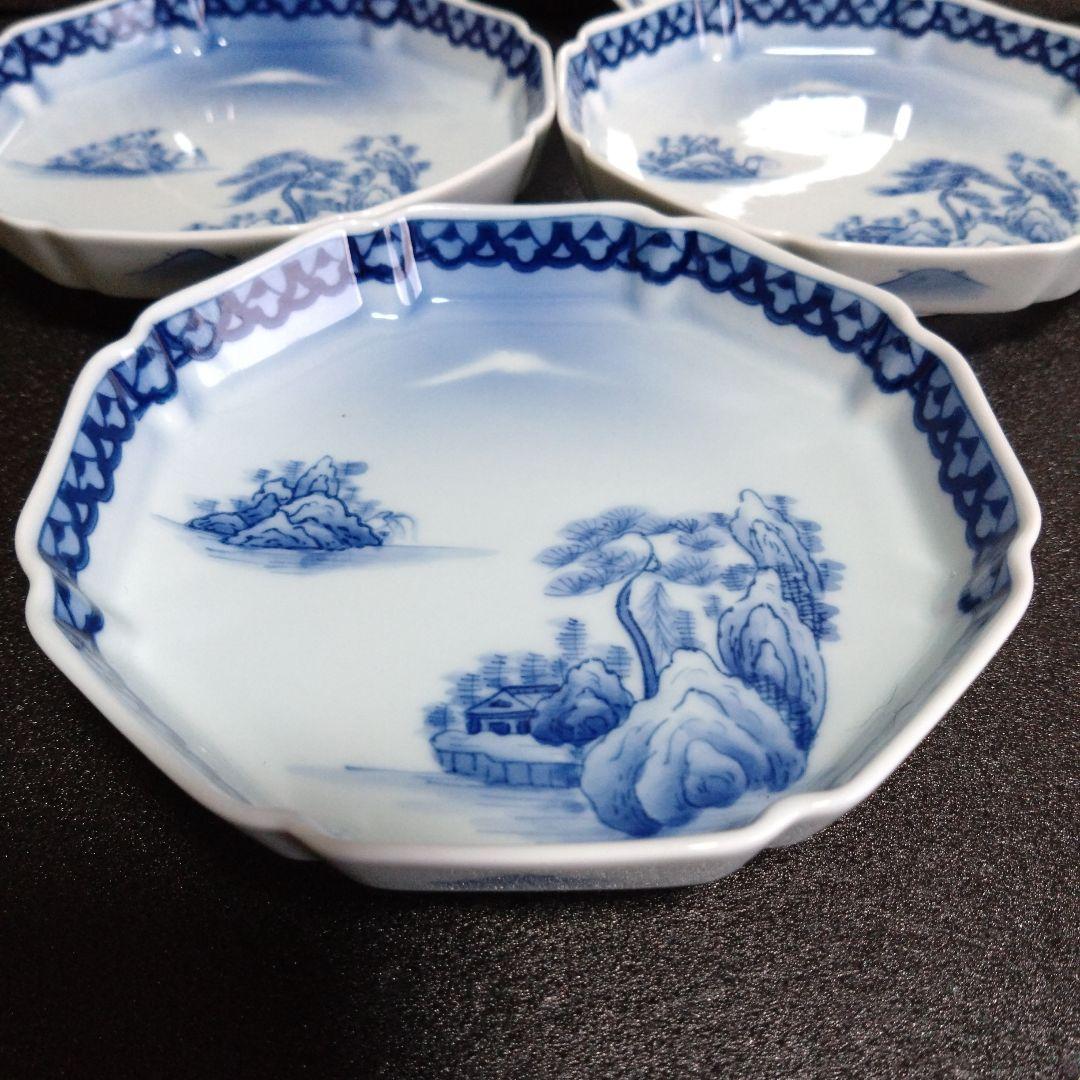 未使用 平戸聖山作 八角銘々皿5枚 山水 富士絵 縁起物　お祝い