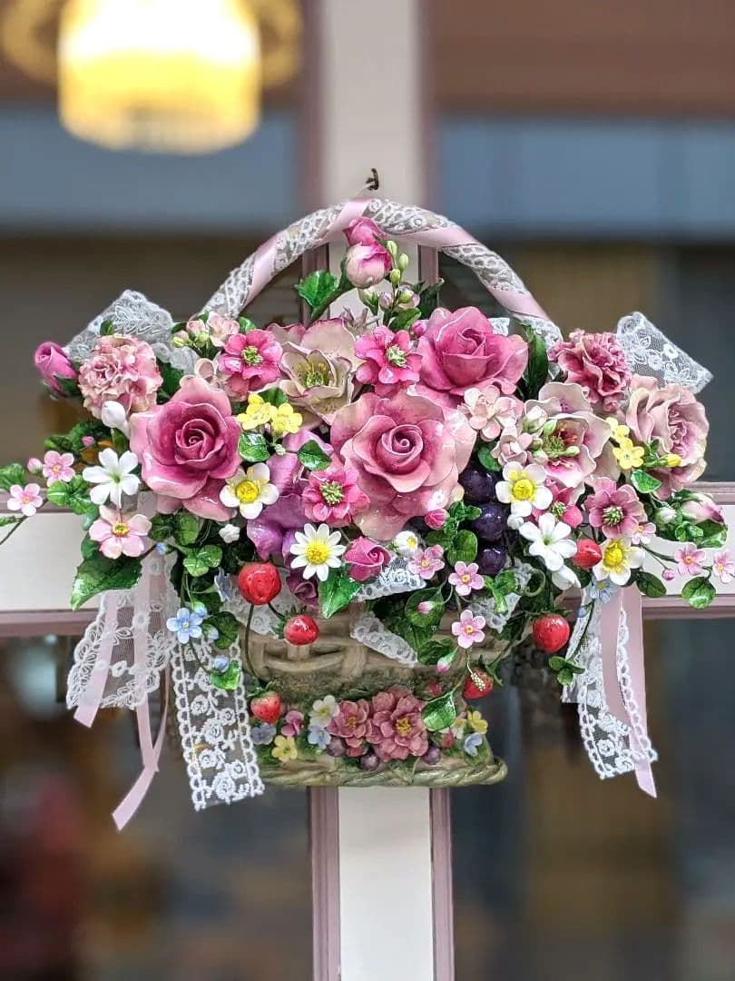 【専用】クレイフラワー❁バスケット型壁掛けフラワーアレンジ❁ハンドメイド