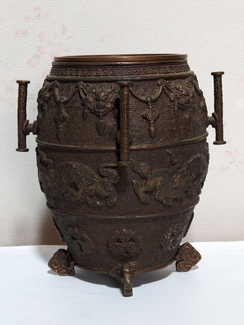 ⭐華道花活け 神獣 双耳亀甲瓔珞文様銅製 大日本文政年整珉鋳 細密鋳金骨董品