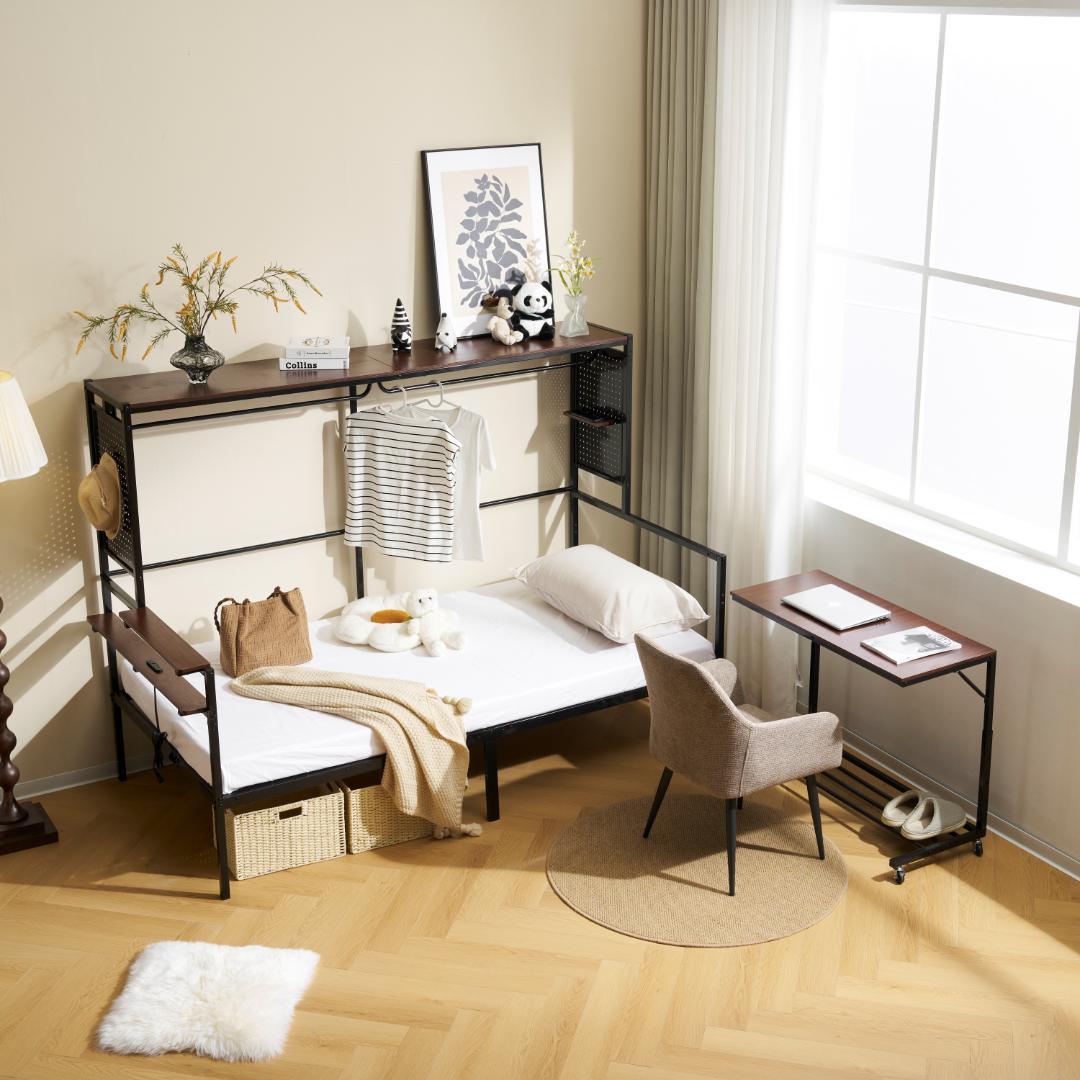 【新品】【ブラック】ロフトベッド 北欧風木目 移動デスク付き 耐震 大人用