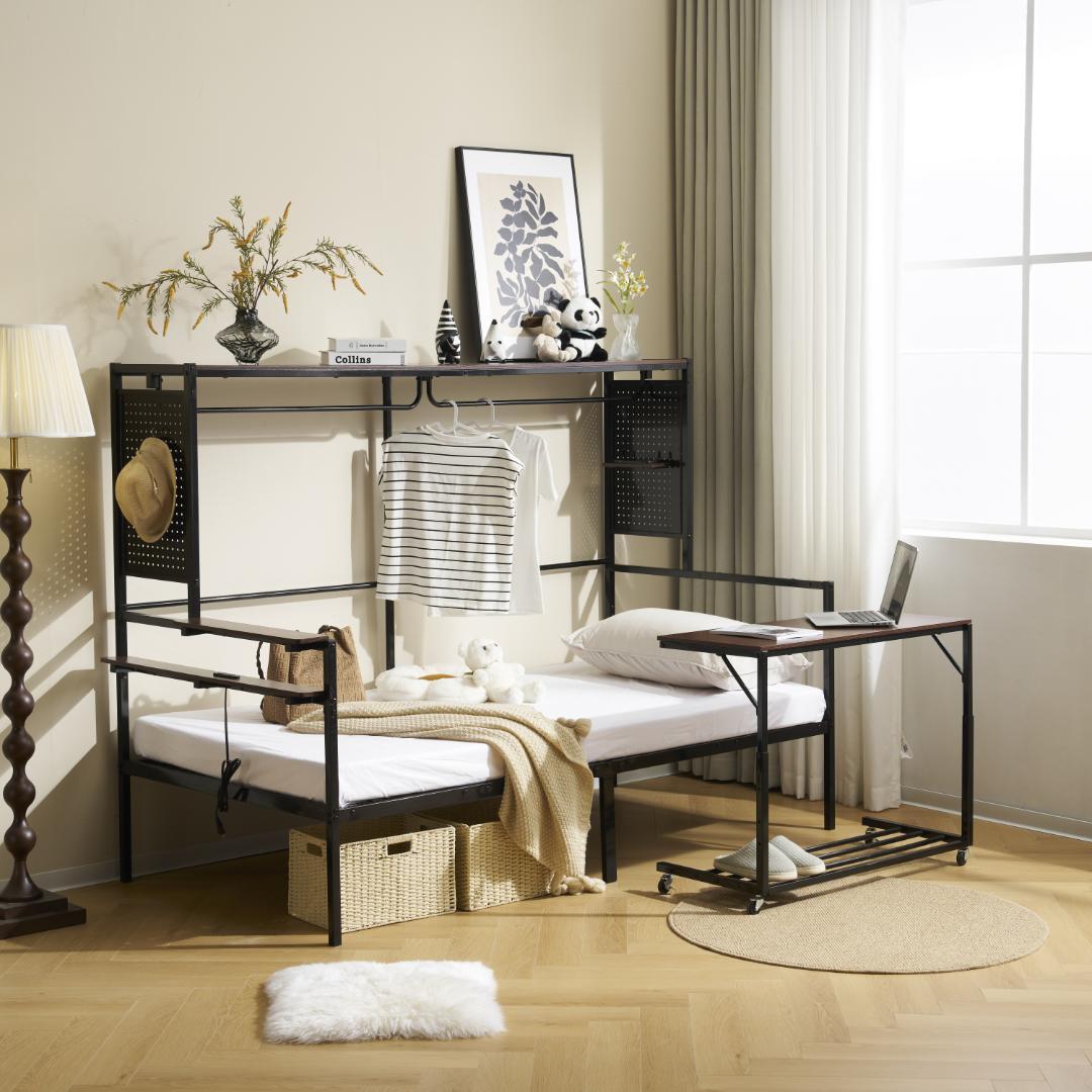 【新品】【ブラック】ロフトベッド 北欧風木目 移動デスク付き 耐震 大人用