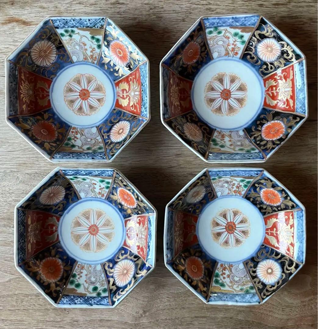 骨董　明治前期　色絵　松竹梅と菊図　八角　小皿　4寸　バラ売り可◎