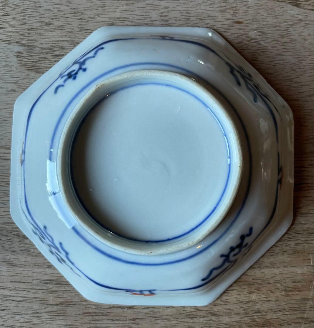 骨董　明治前期　色絵　松竹梅と菊図　八角　小皿　4寸　バラ売り可◎