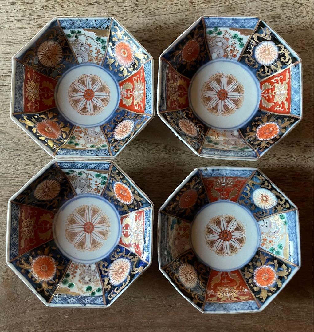 骨董　明治前期　色絵　松竹梅と菊図　八角　小皿　4寸　バラ売り可◎