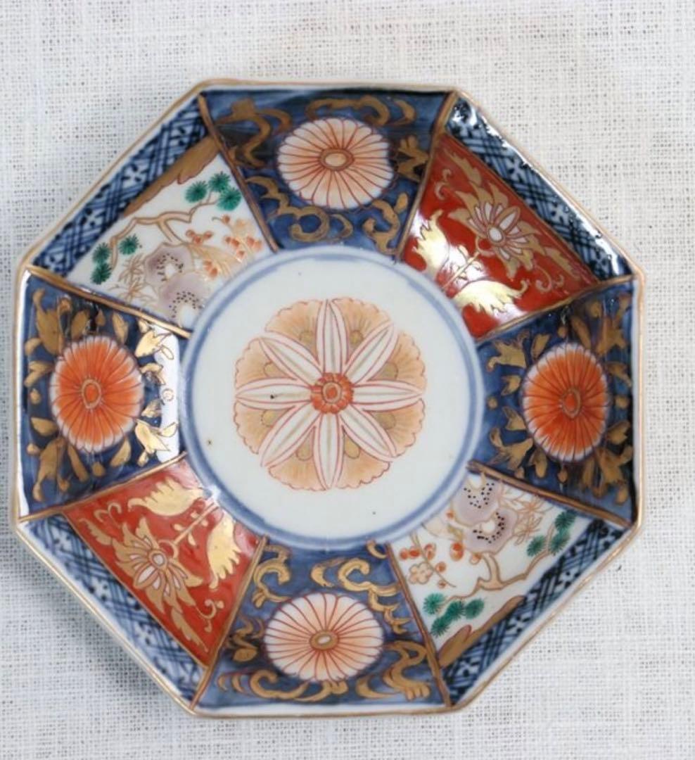 骨董　明治前期　色絵　松竹梅と菊図　八角　小皿　4寸　バラ売り可◎