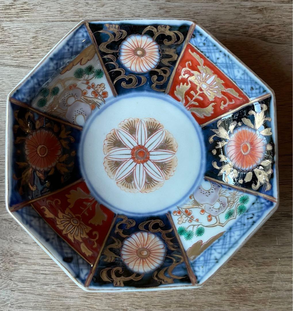 骨董　明治前期　色絵　松竹梅と菊図　八角　小皿　4寸　バラ売り可◎