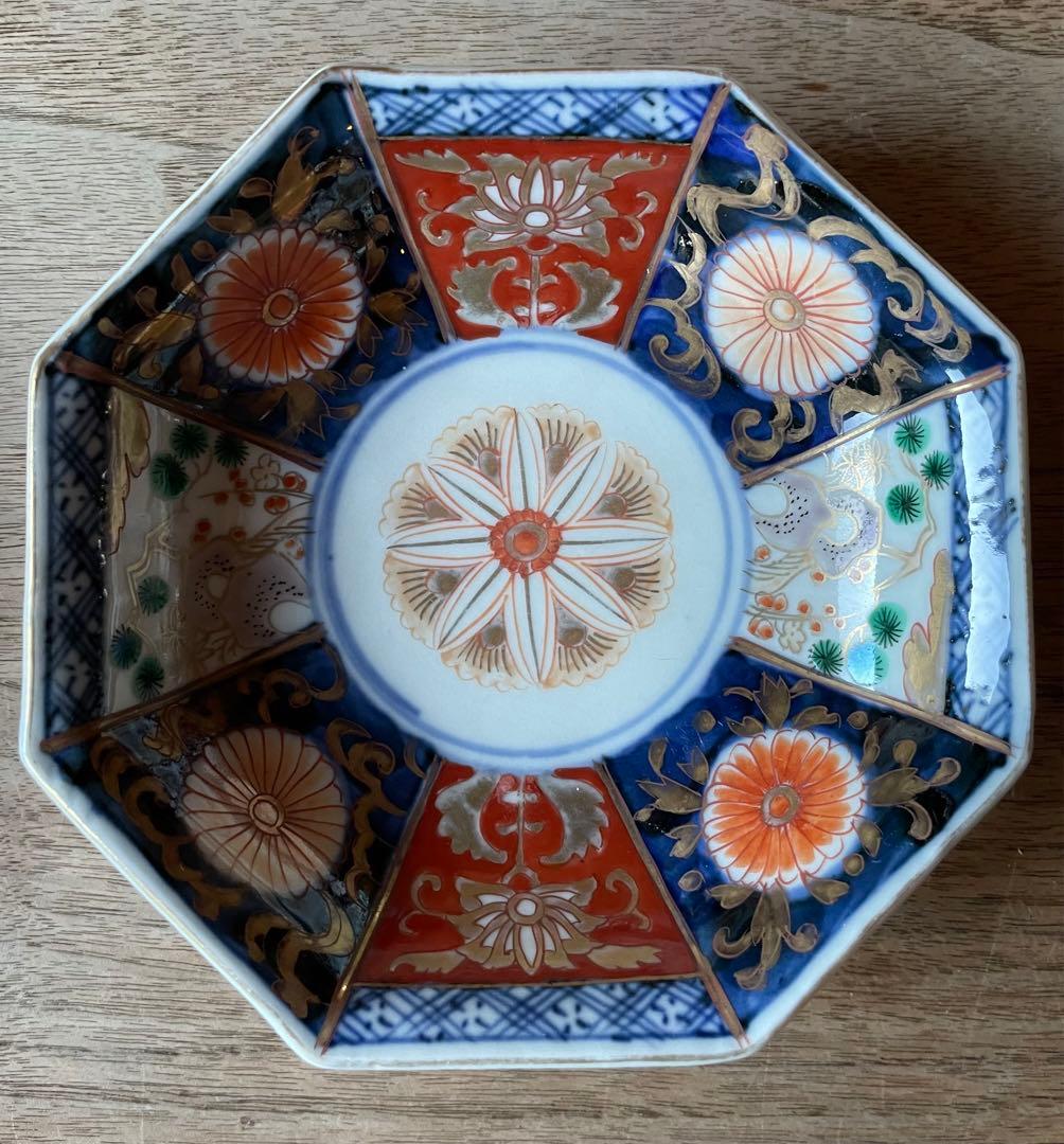 骨董　明治前期　色絵　松竹梅と菊図　八角　小皿　4寸　バラ売り可◎