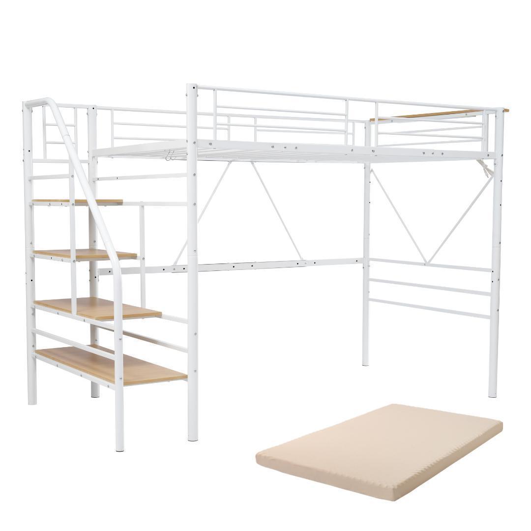 【10cm厚さマットレス付き】ロフトベッド 階段付き S シングル パイプベッド