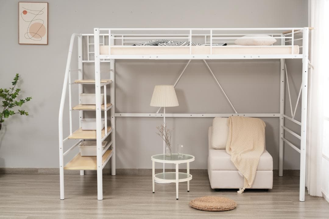 【10cm厚さマットレス付き】ロフトベッド 階段付き S シングル パイプベッド