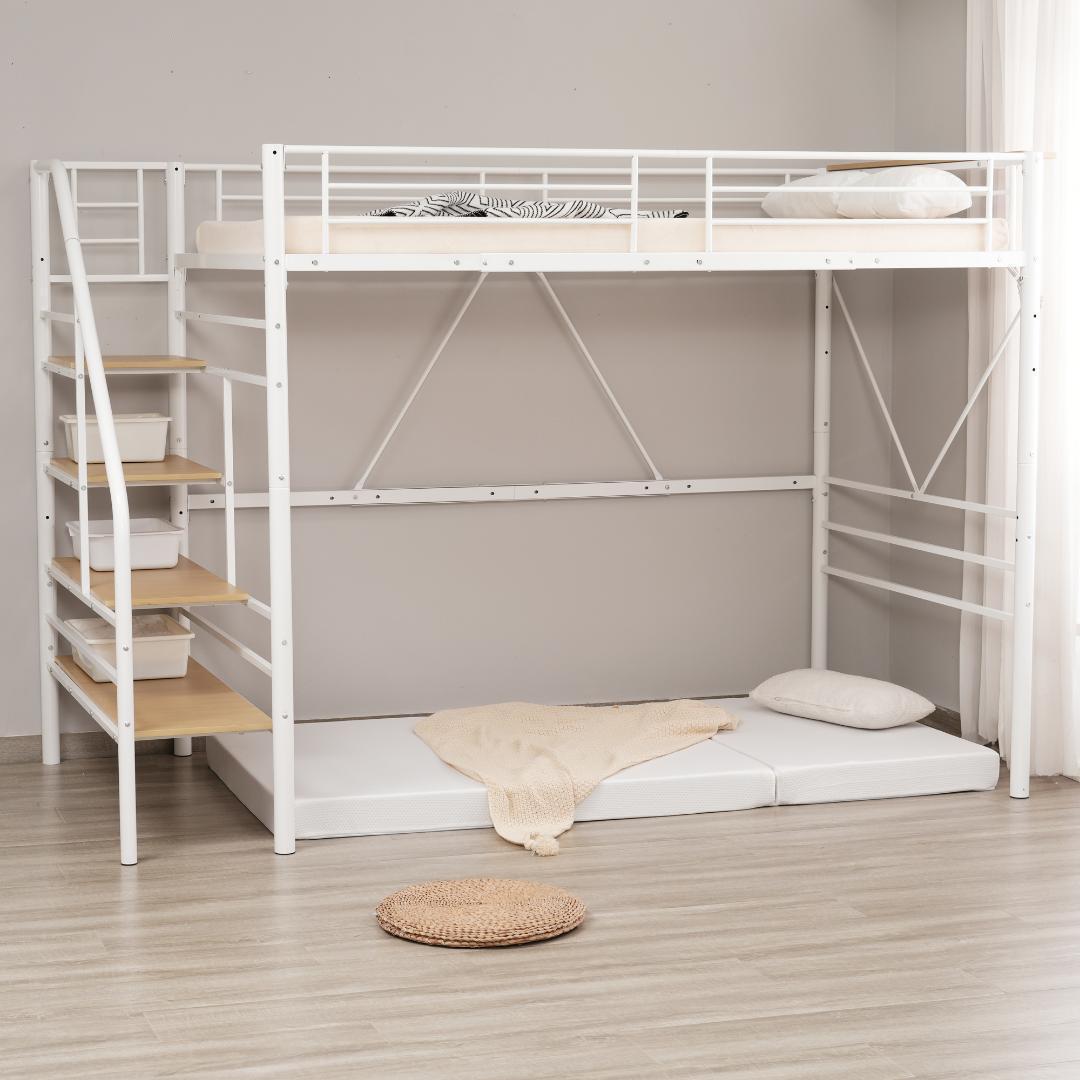 【10cm厚さマットレス付き】ロフトベッド 階段付き S シングル パイプベッド