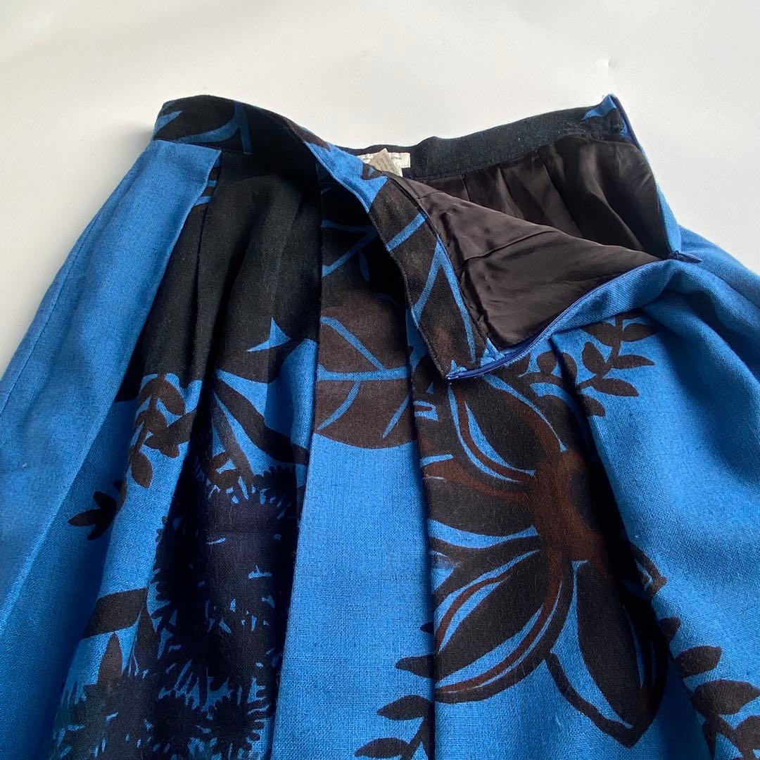 DRIES VAN NOTEN 花柄フレアスカート ブルー ウール シルク