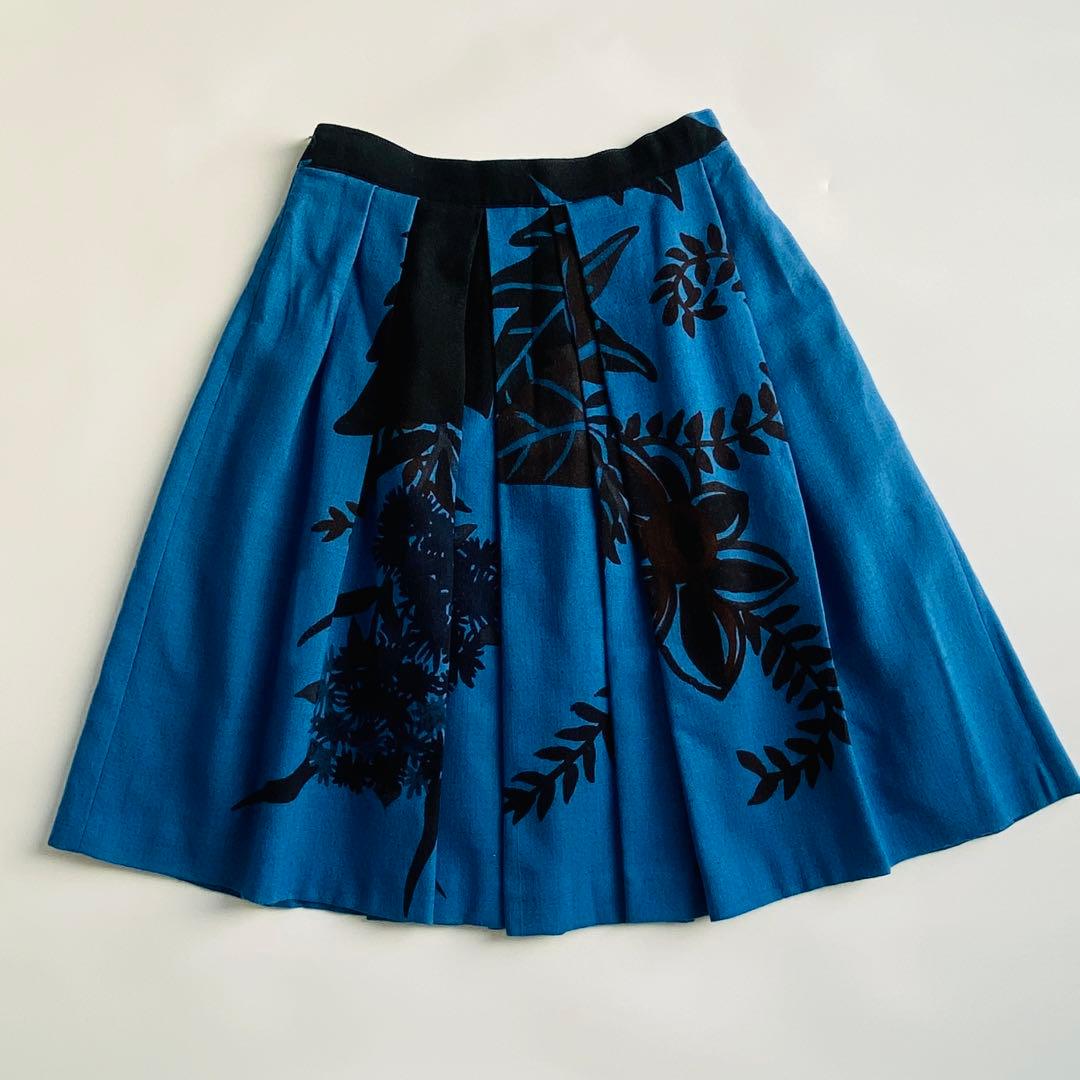 DRIES VAN NOTEN 花柄フレアスカート ブルー ウール シルク