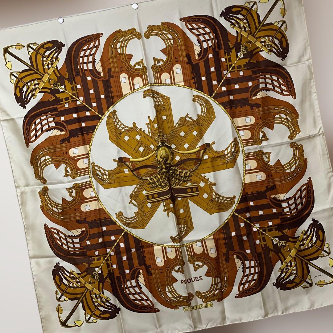 HERMES カレ90 大判シルクスカーフ PROUES 船首像 エルメス
