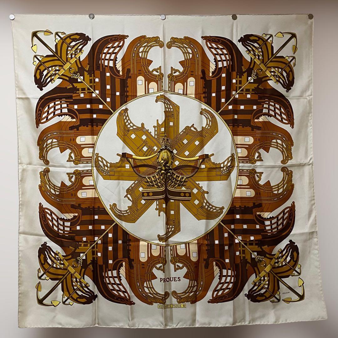 HERMES カレ90 大判シルクスカーフ PROUES 船首像 エルメス