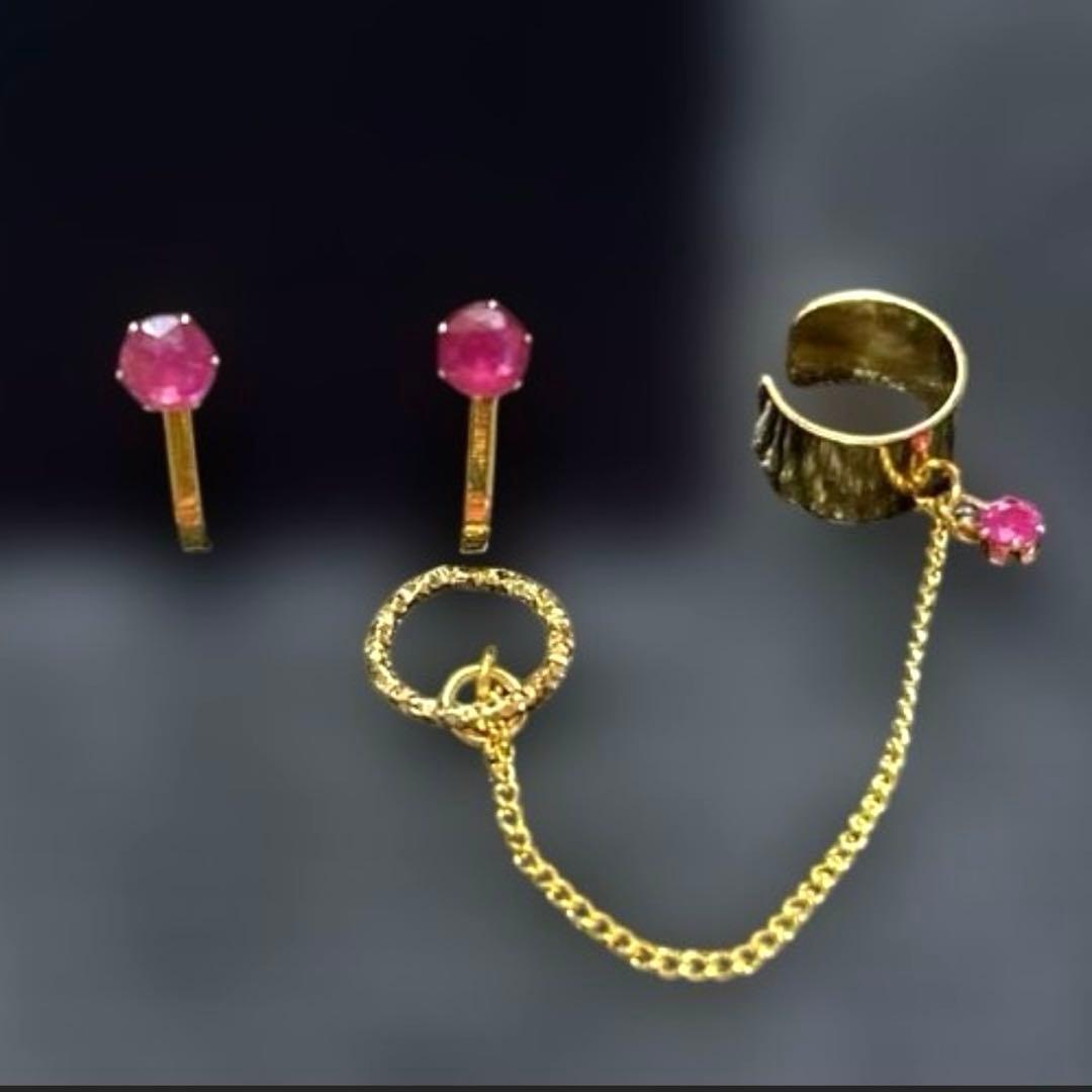 【現品限り】宝石質天然石ルビーサージカルステンレス立て爪台座クリップイヤリング