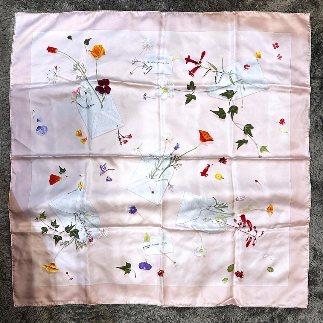 HERMES　カレ　スカーフ　花の手紙　ピンク　HR0349