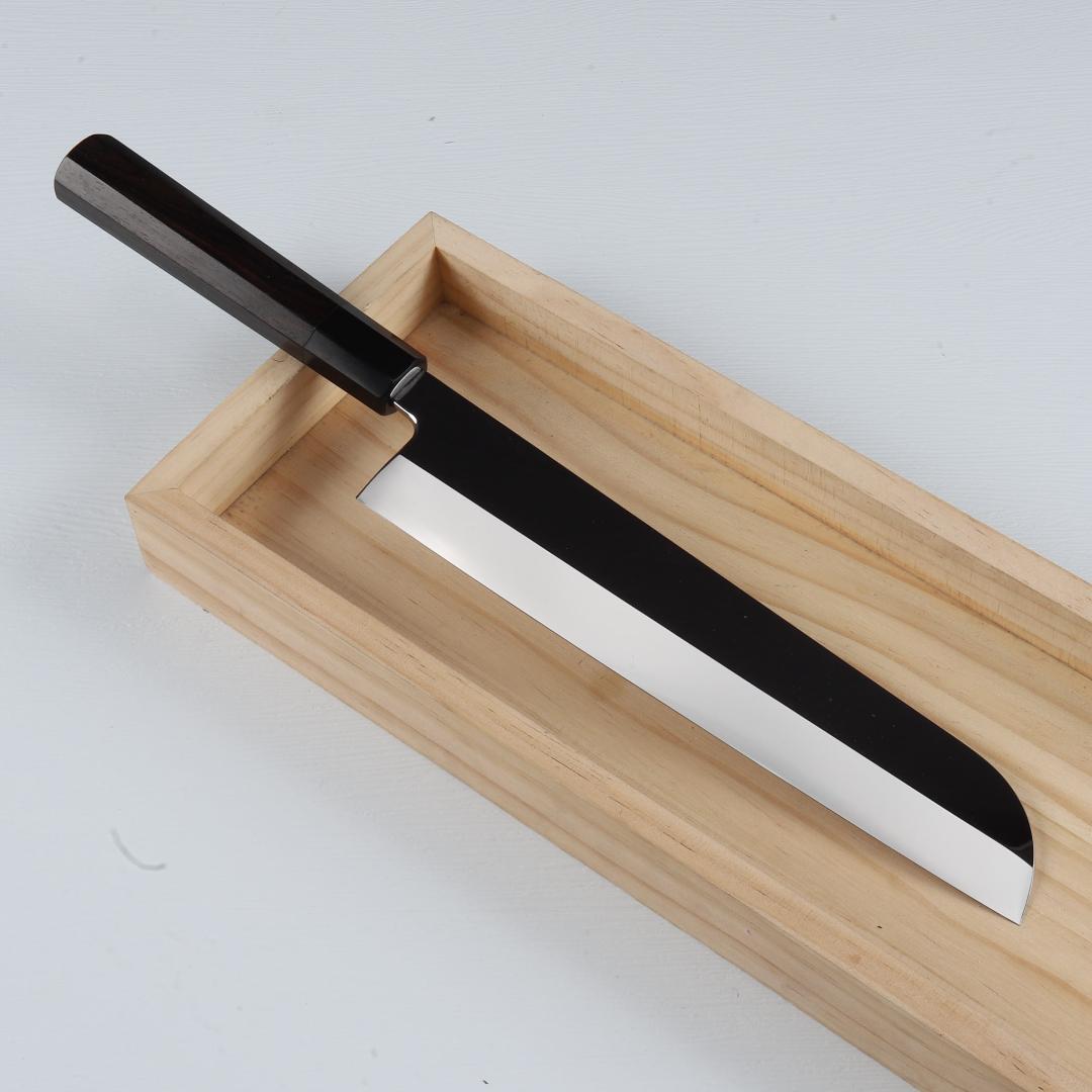 7669梵静刃物 ウルトラ鏡面（完全手研ぎ）鎌型薄刃包丁 8寸 黒檀黒水牛八角柄