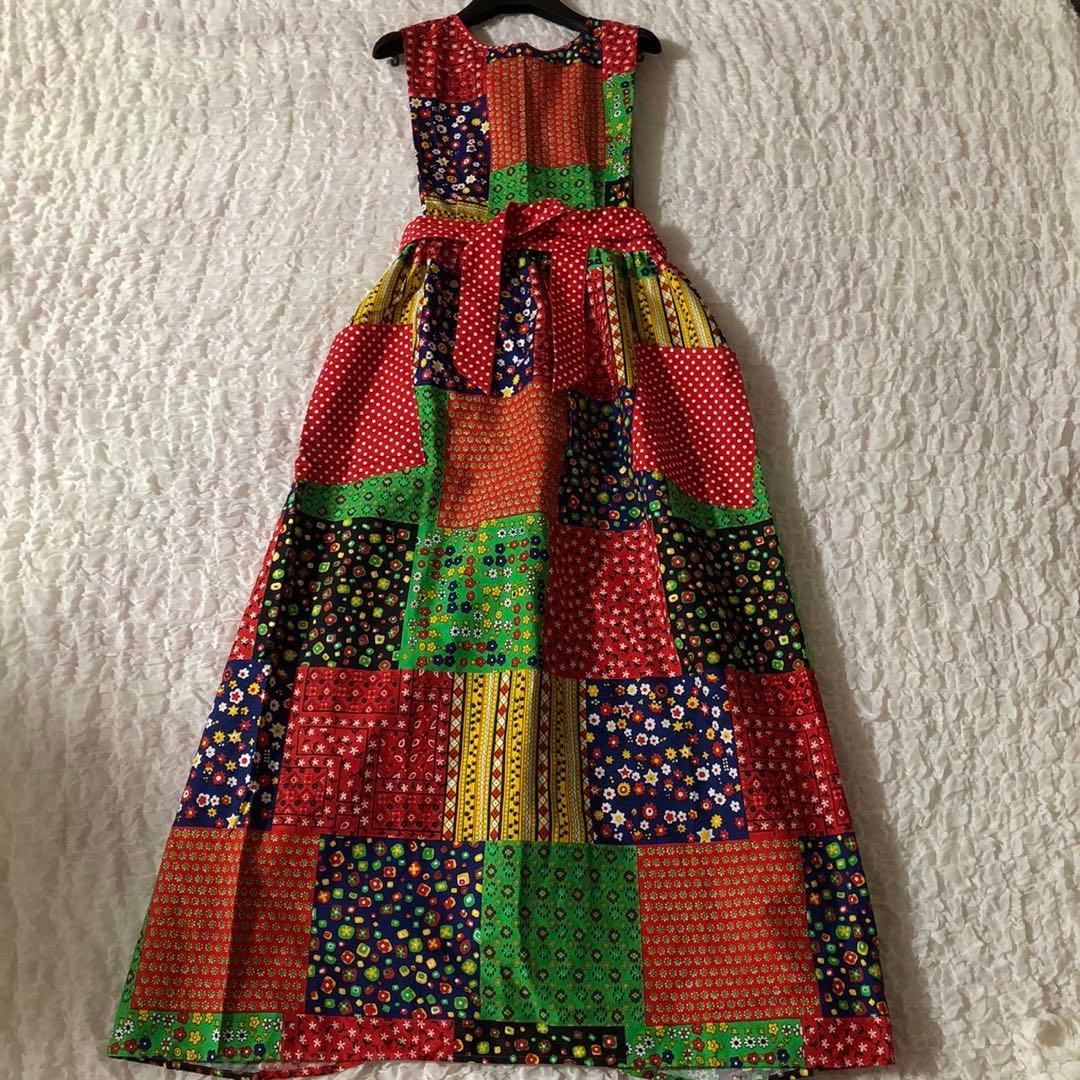 レトロポップ　総柄　エスニック　アジアン　ロング　エプロンドレス