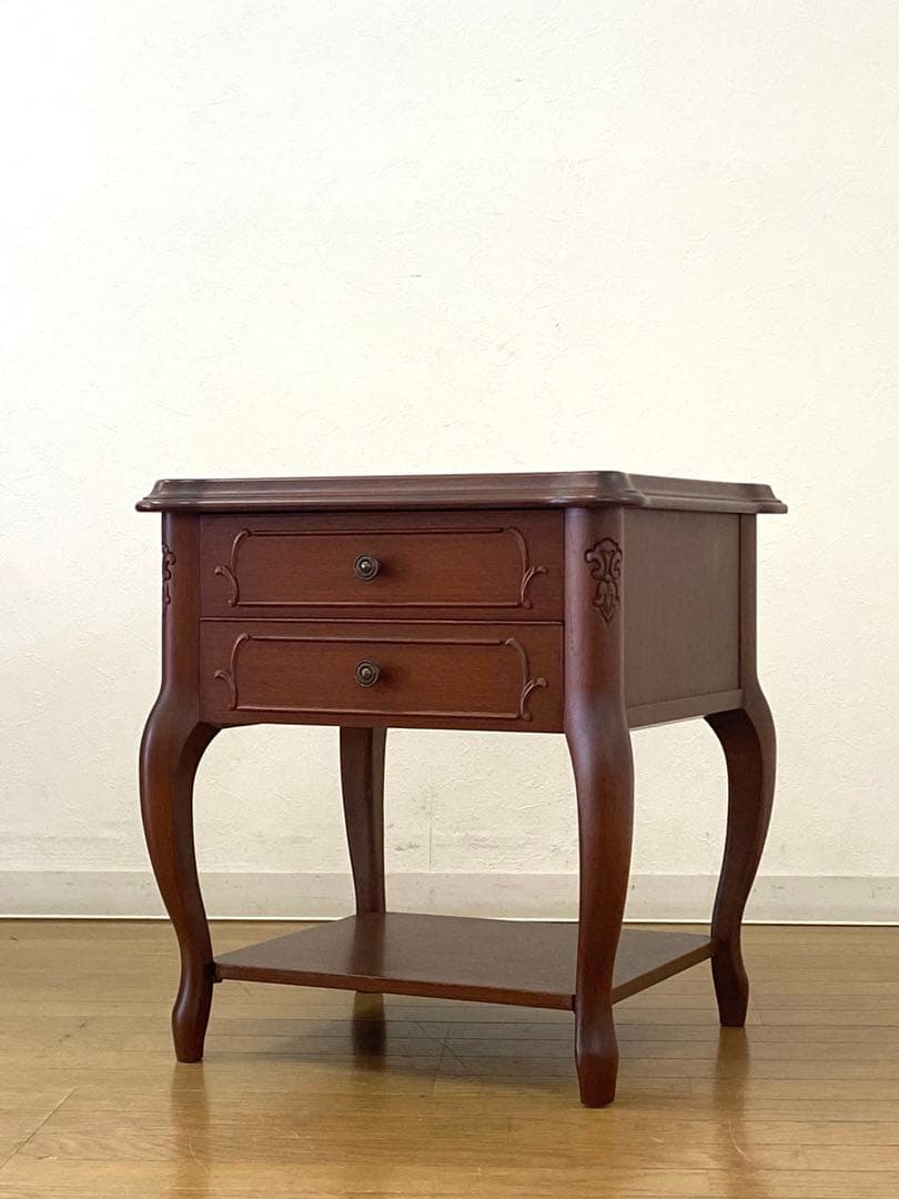 美品 アンティーク調 彫刻 ベッド サイドテーブル チェスト コンソール 引出し