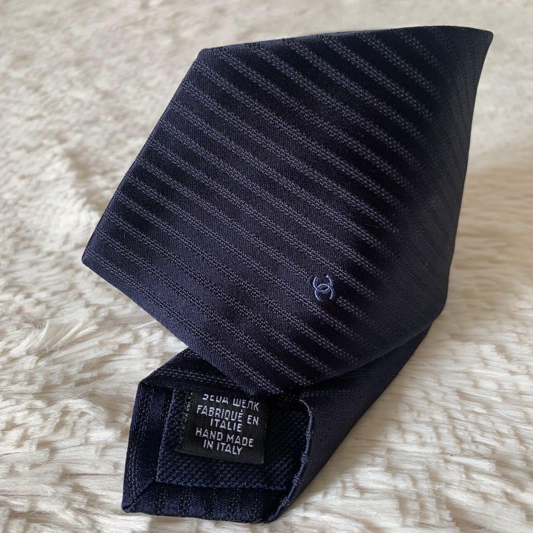 極美品✨CHANEL シャネル 現行品ココマーク ストライプ ネクタイ ネイビー