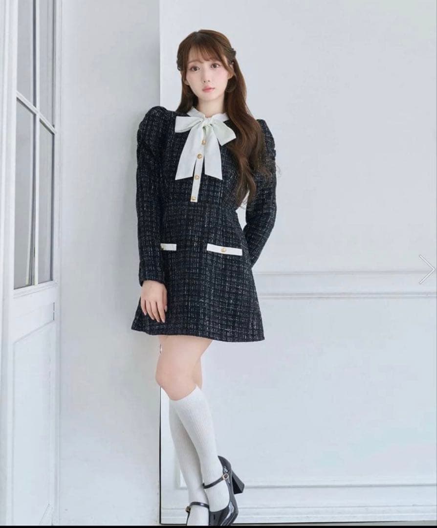 ロゼミューズ ribbon tie tweed mini onepiece M