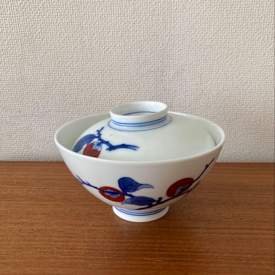 ◆ 酒井田柿右衛門 飯碗 蓋付 小 染錦柿文 箱なし ◆