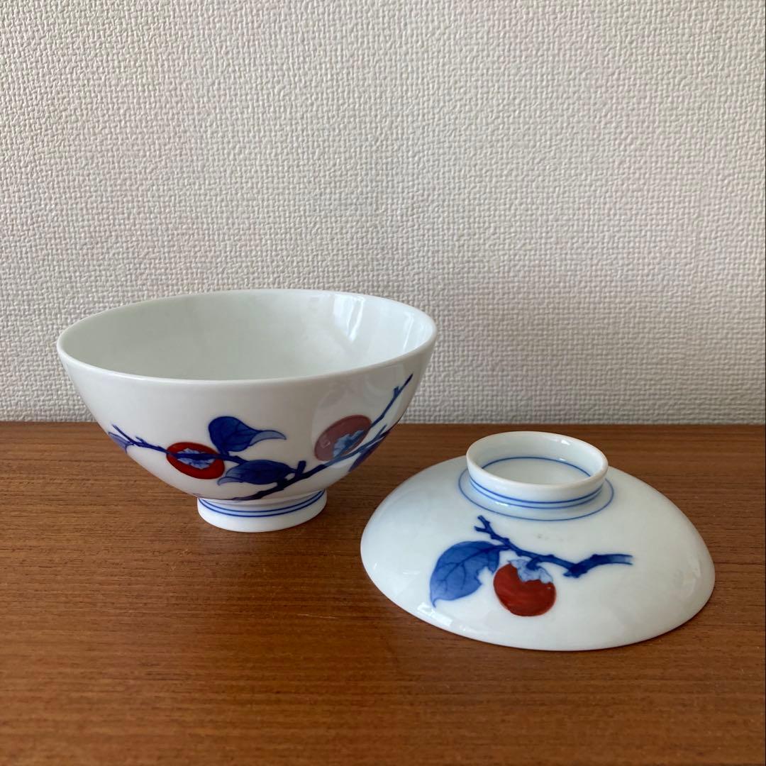 ◆ 酒井田柿右衛門 飯碗 蓋付 小 染錦柿文 箱なし ◆