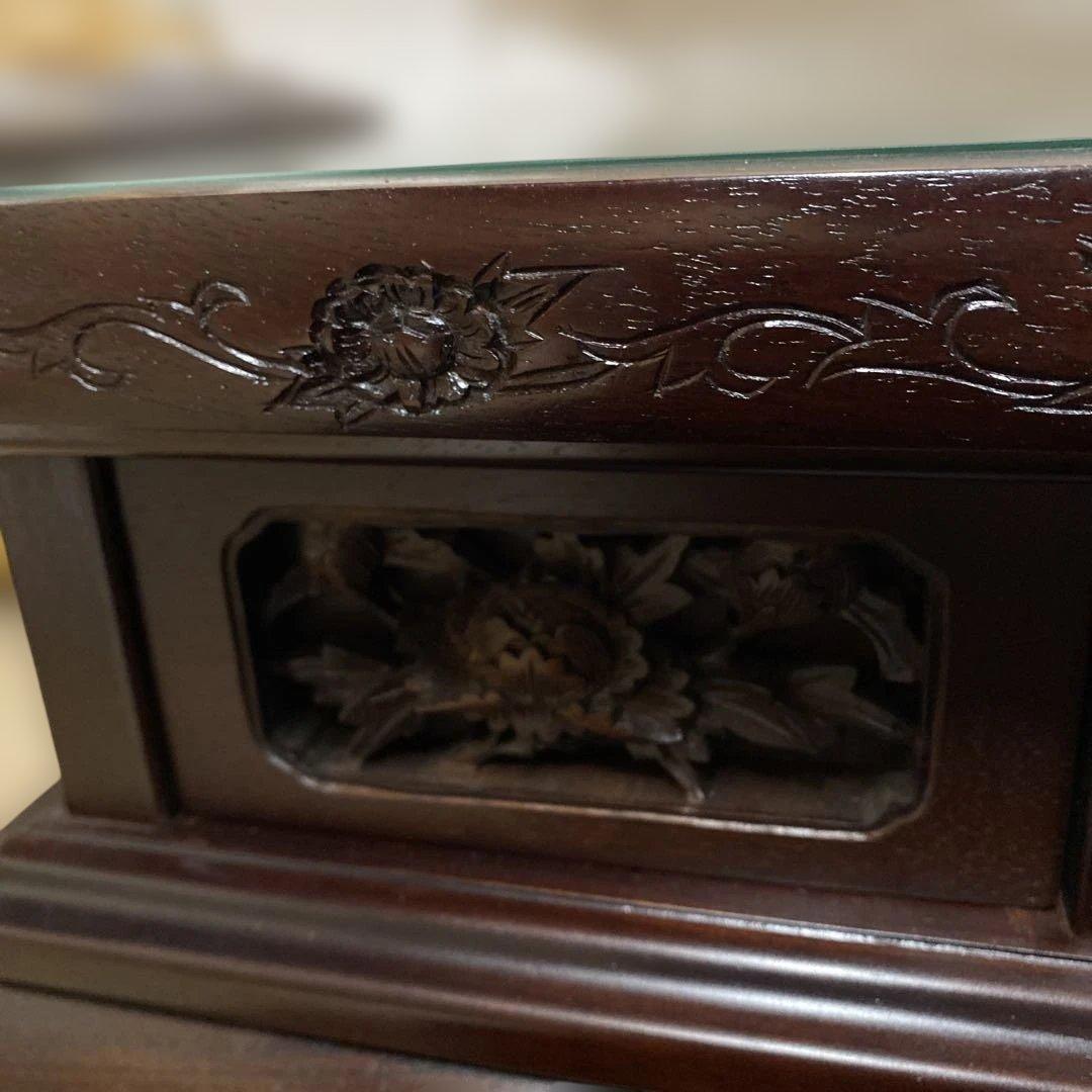 レア品 アジアンテイスト 家具 経机 ガラス ハスの花　彫刻 引出付 TB21