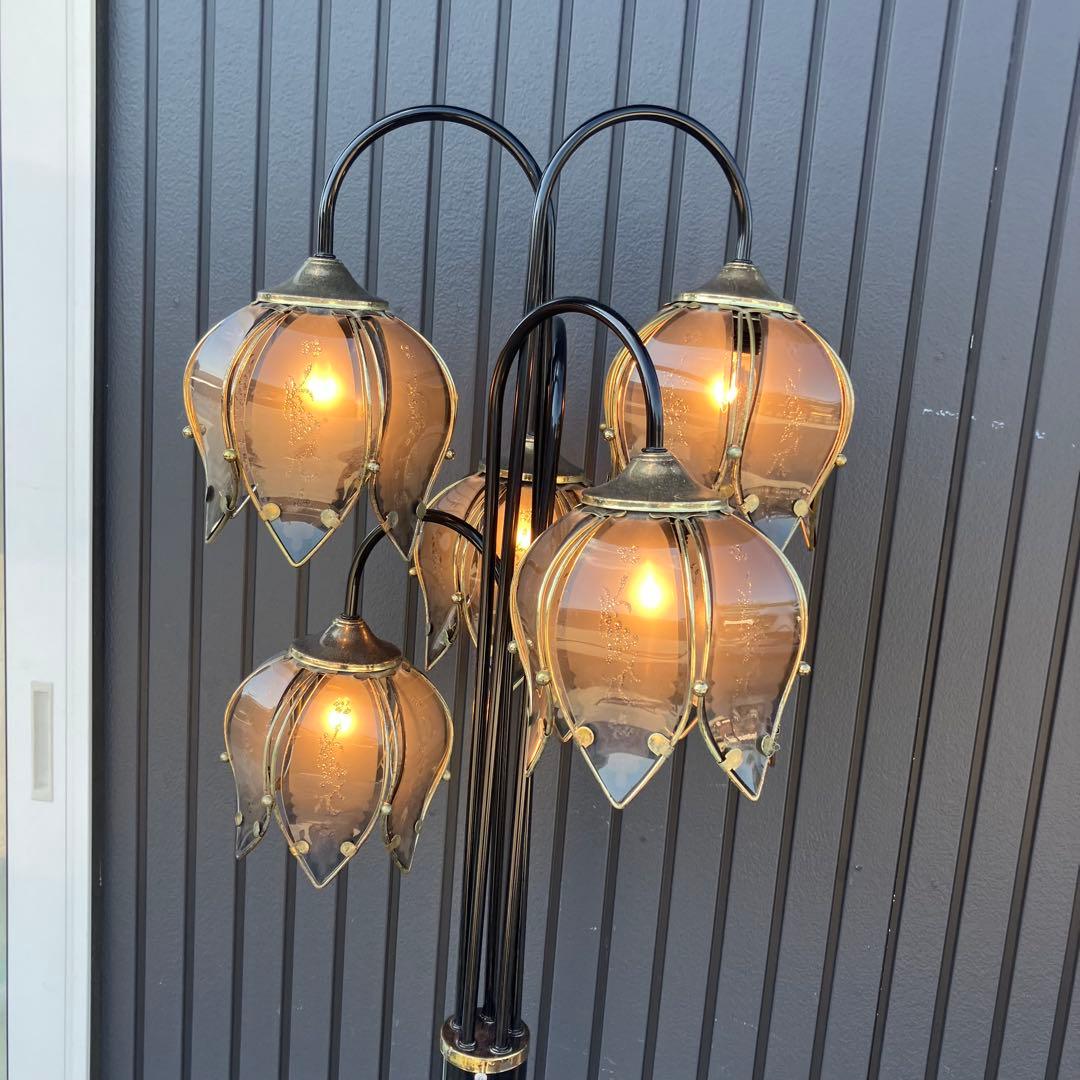 アンティーク ロータスモチーフ アイアンフレーム 5灯フロアライト スタンド