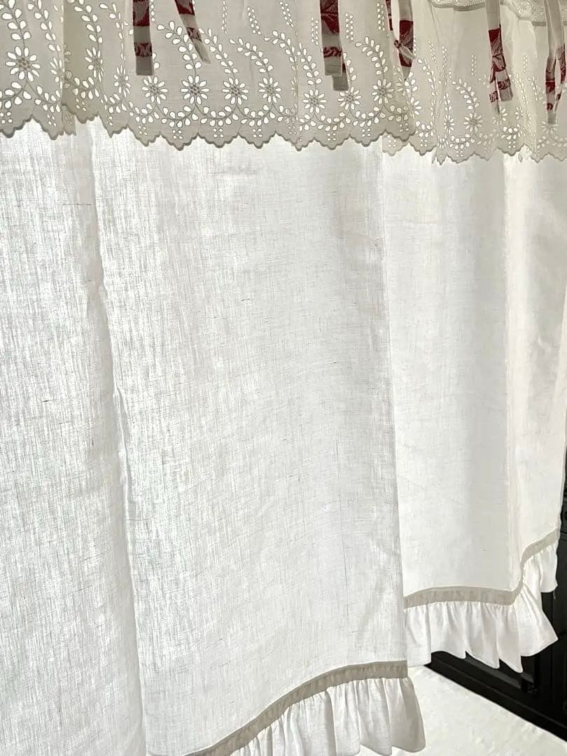 【美品】フランスアンティーク 手刺繍カットワークとフリル カフェカーテン