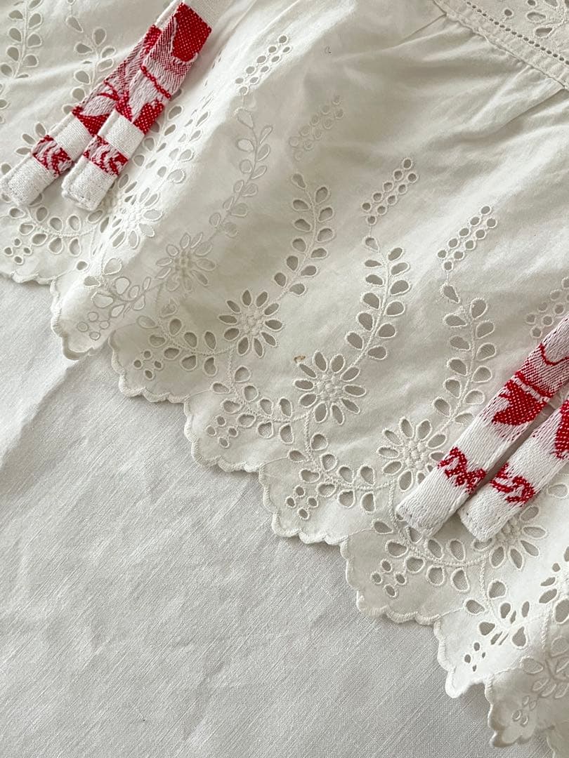 【美品】フランスアンティーク 手刺繍カットワークとフリル カフェカーテン