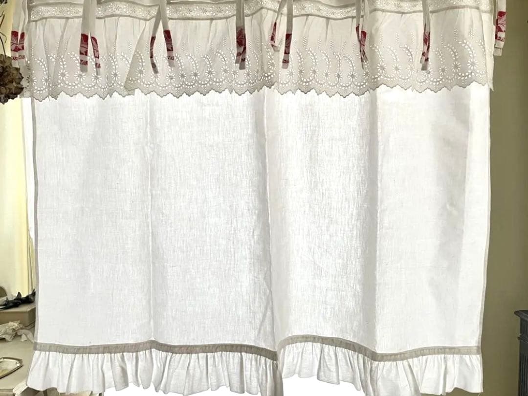 【美品】フランスアンティーク 手刺繍カットワークとフリル カフェカーテン
