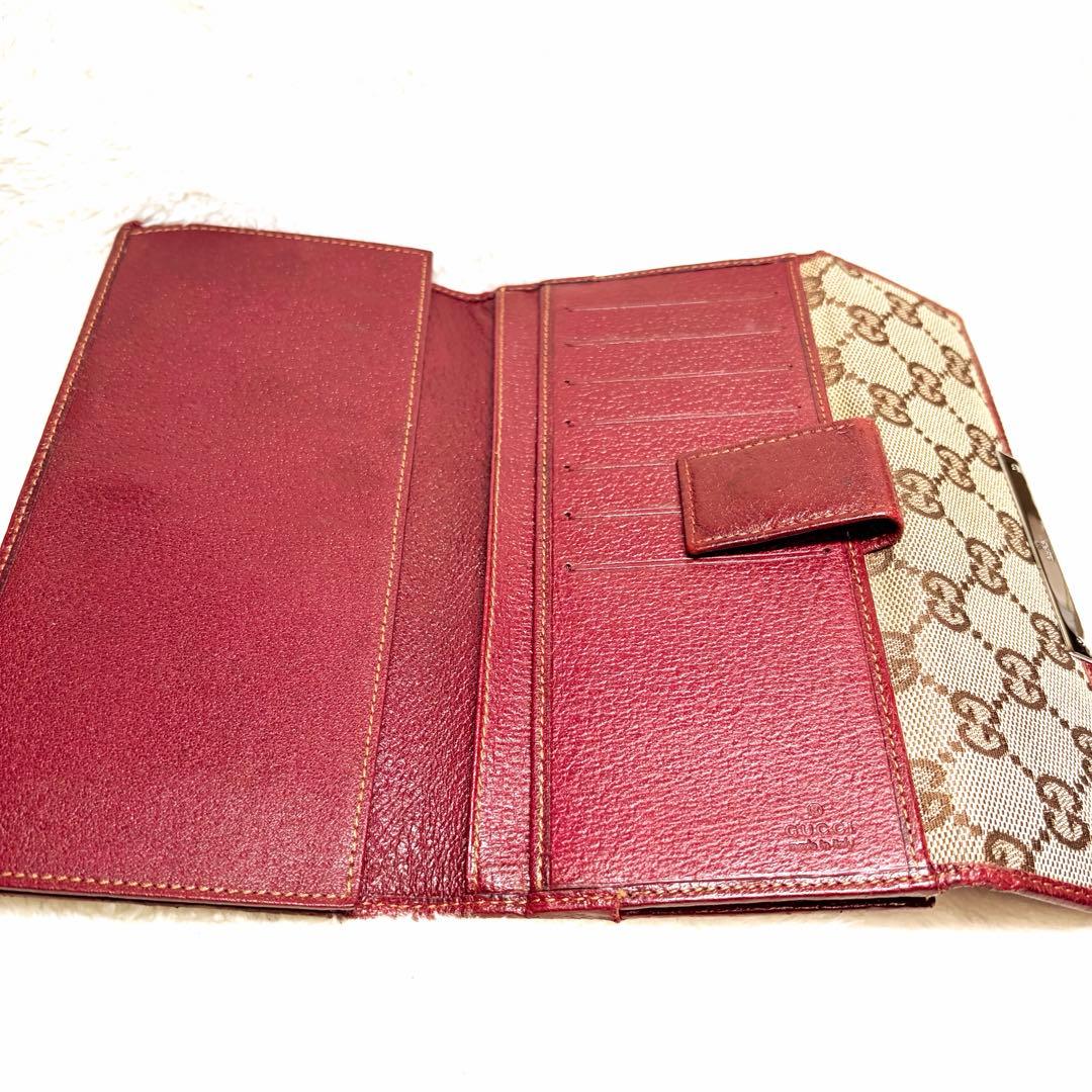 美品 GUCCI グッチ GGキャンバス レザー Wホック 長財布 ボルドー