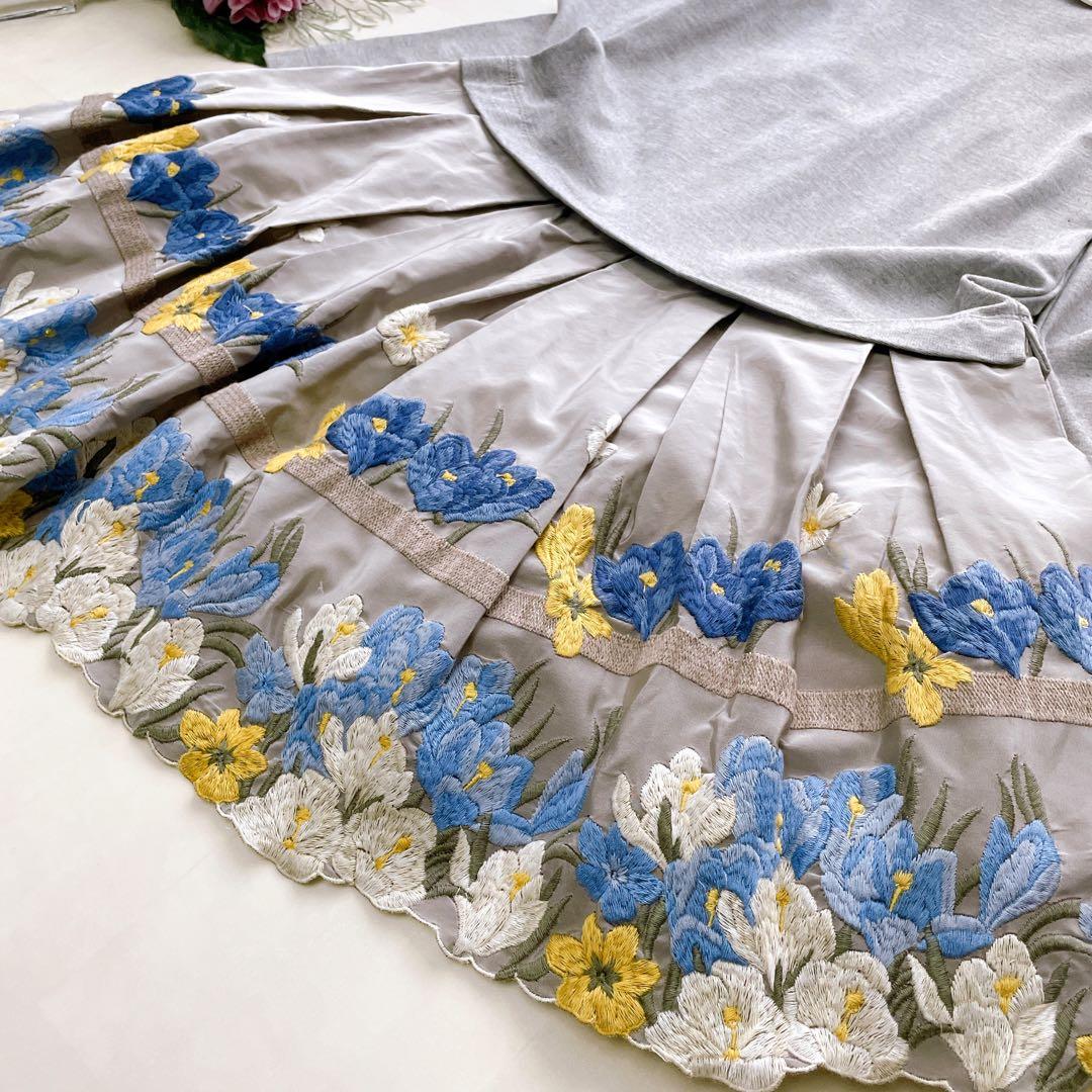 極美品✨モナリザ フラワー刺繍 ドッキングワンピース 白襟 チュール 10Y