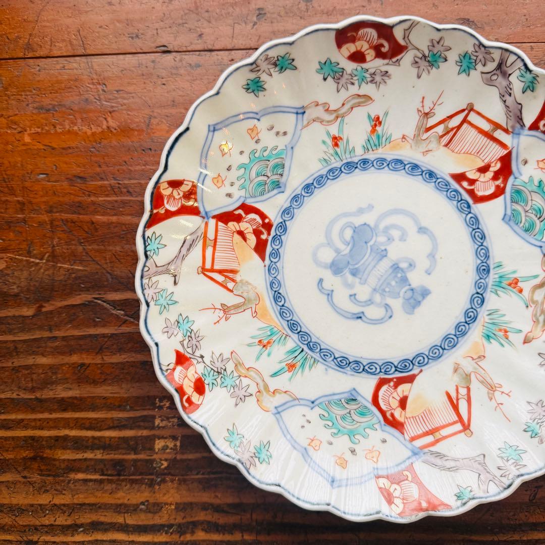 空一月-星様用 伊万里赤絵輪花皿 波千鳥鹿文一枚　伊万里　金彩色絵草花文一枚
