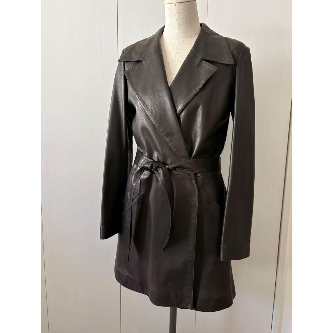 羊革　ラムレザー　本革　ロングコート　アニエスベー　レザージャケット　黒