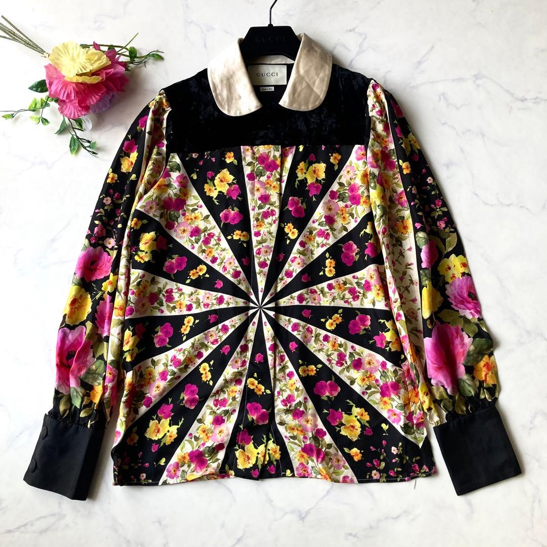 GUCCI グッチ　シャツ　ブラウス　フラワーパターン 花柄　シルク　38