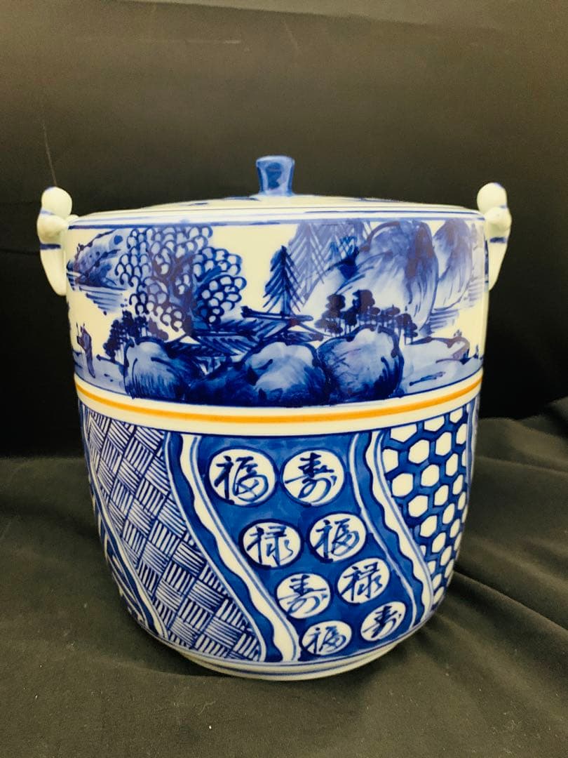 桃山窯　橋本喜泉　染付二宋神　唐子　水指　茶道具　栞黄布共箱付き