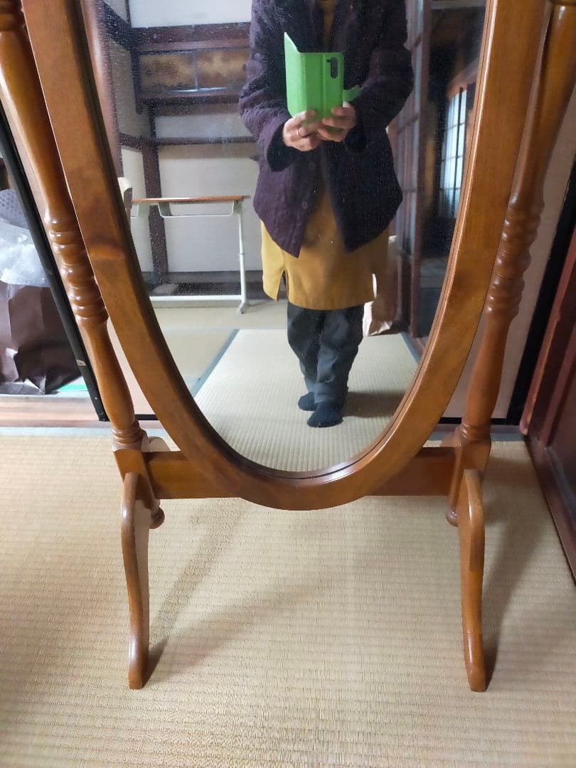 ナチュラルウッド楕円形スタンドミラー