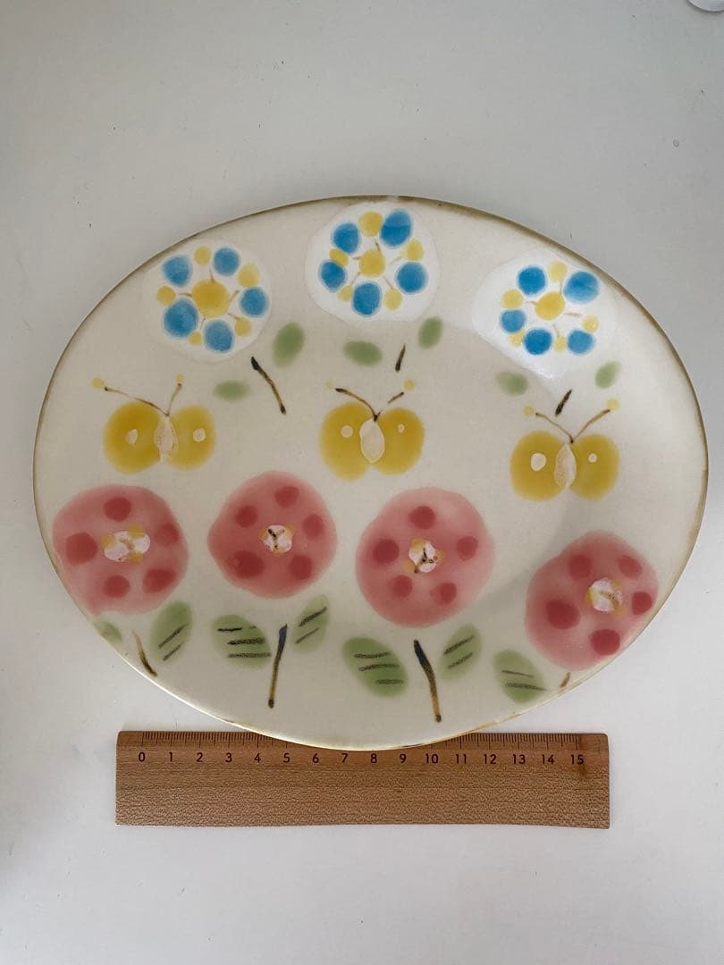 石木文さん 手描き花柄　オーバル皿