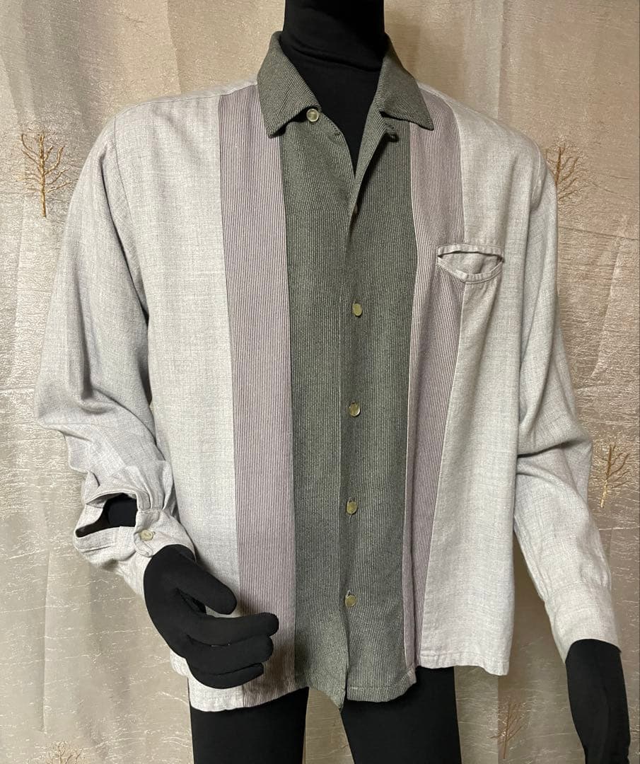 50's Dr Vinci グレー×ライトグレー　ストライプレーヨンシャツ