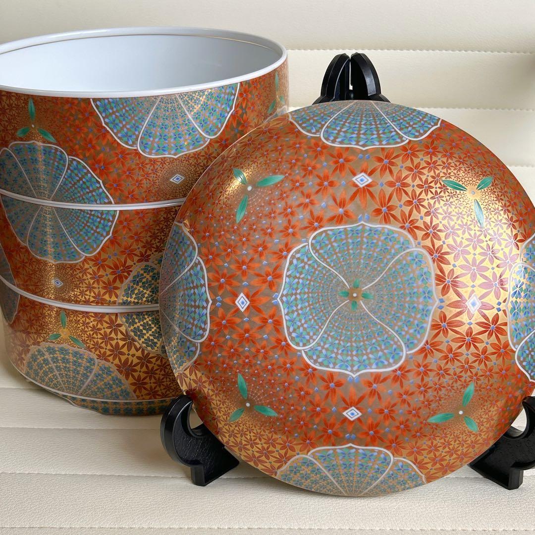 希少　特大　庫山窯　献上手金彩　三段重　蓋付き重ね鉢　金襴手　色絵　赤絵　重箱