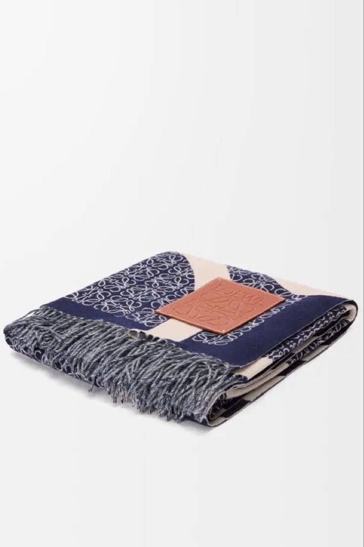 【美品】LOEWE ロエベ アナグラム ウール ブランケット ネイビー