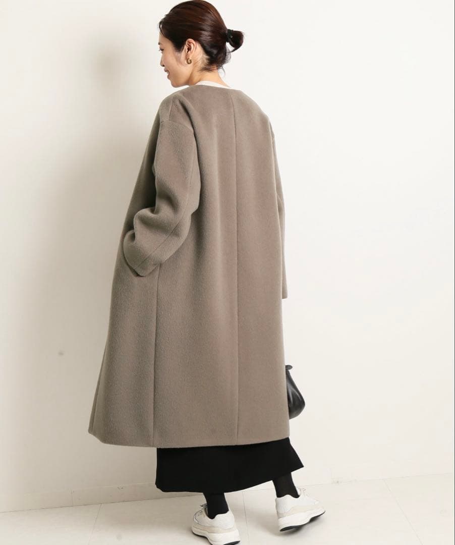 【美品】 IENA イエナ ラムウール ノーカラーロングコート チャコールグレー