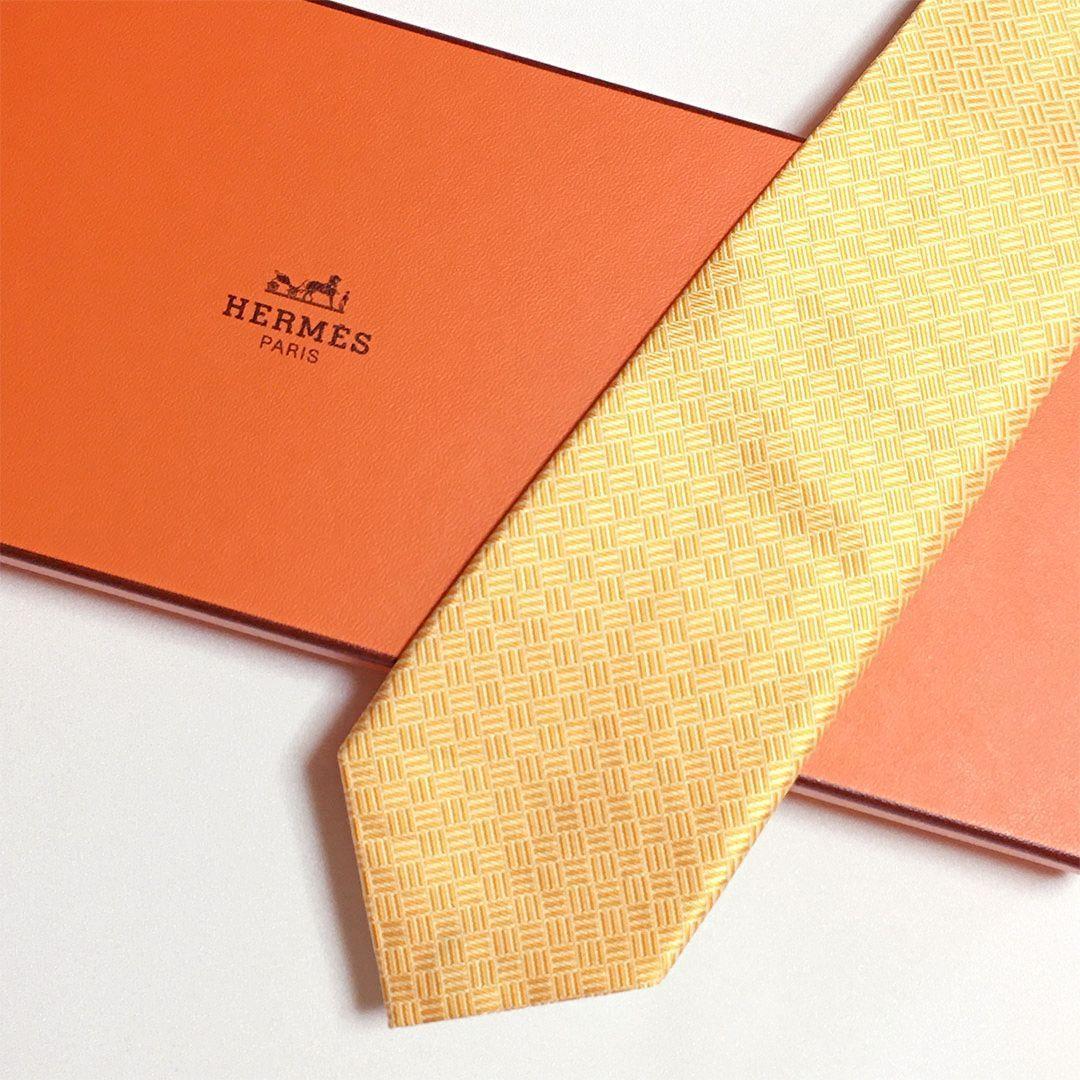 未使用級 エルメス HERMES ネクタイ シルク オレンジ 総柄