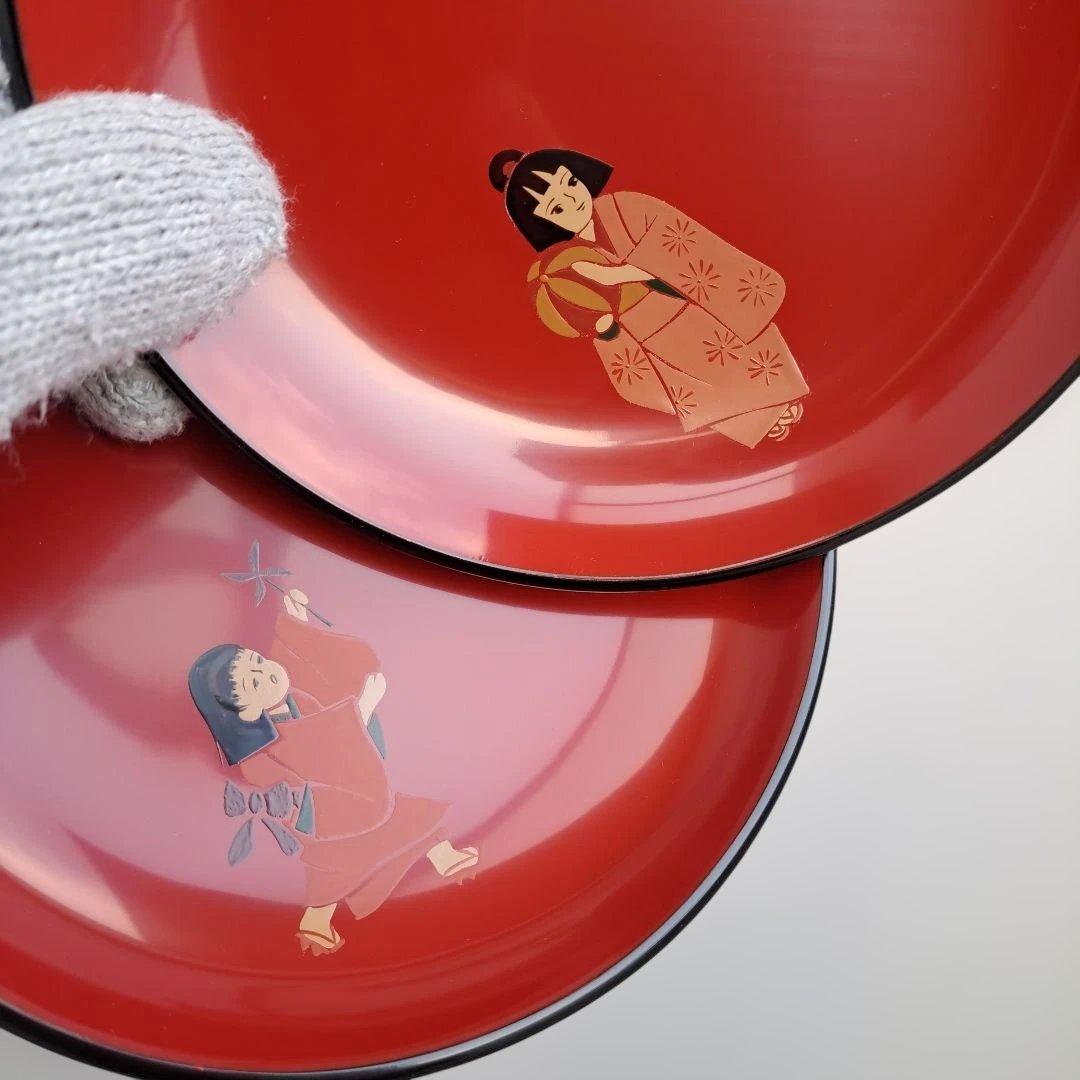 【輪島塗\"童唄え蒔絵　銘々皿×5客】布着本堅地　5寸　ダルマ型　未使用品