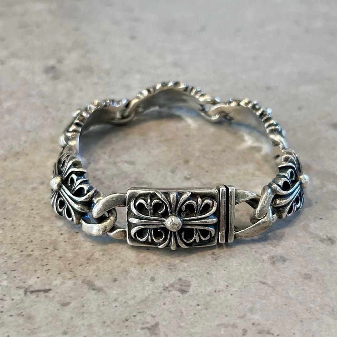 【希少】Silver925 フローラルデザイン シルバー リンクブレスレット