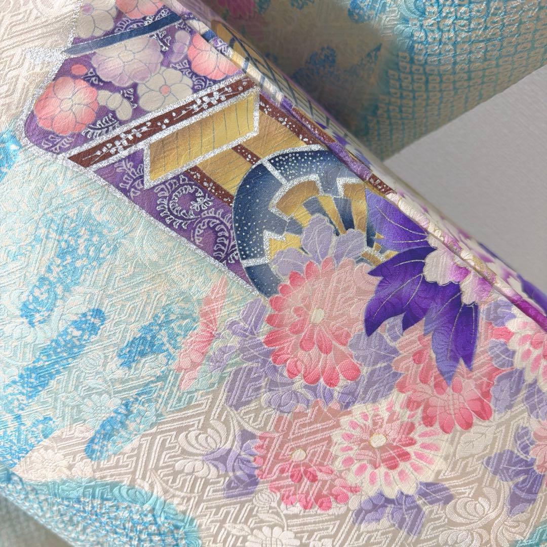 4 振袖フルセット 正絹 難あり 水色 紫 ピンク 銀彩 絞り 小柄さん レトロ