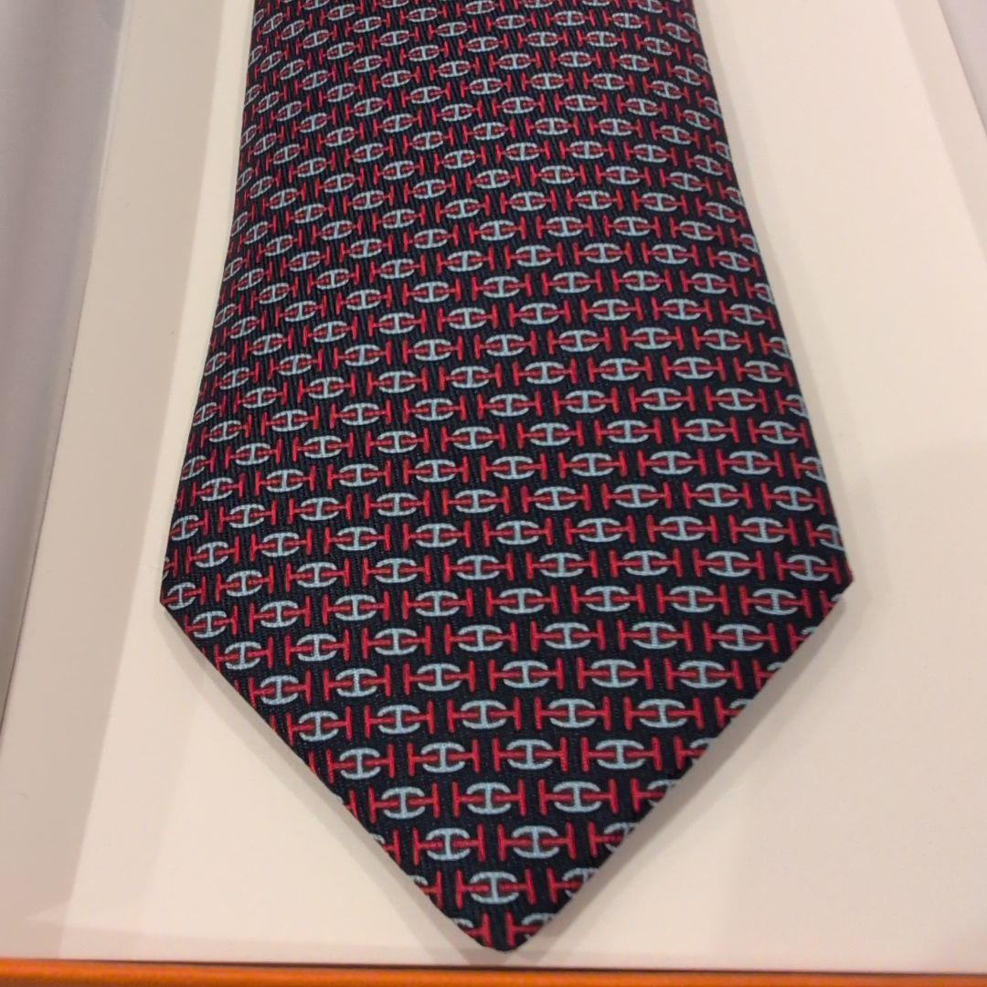 新品 HERMÈS エルメス シルクネクタイ ネイビー レッド